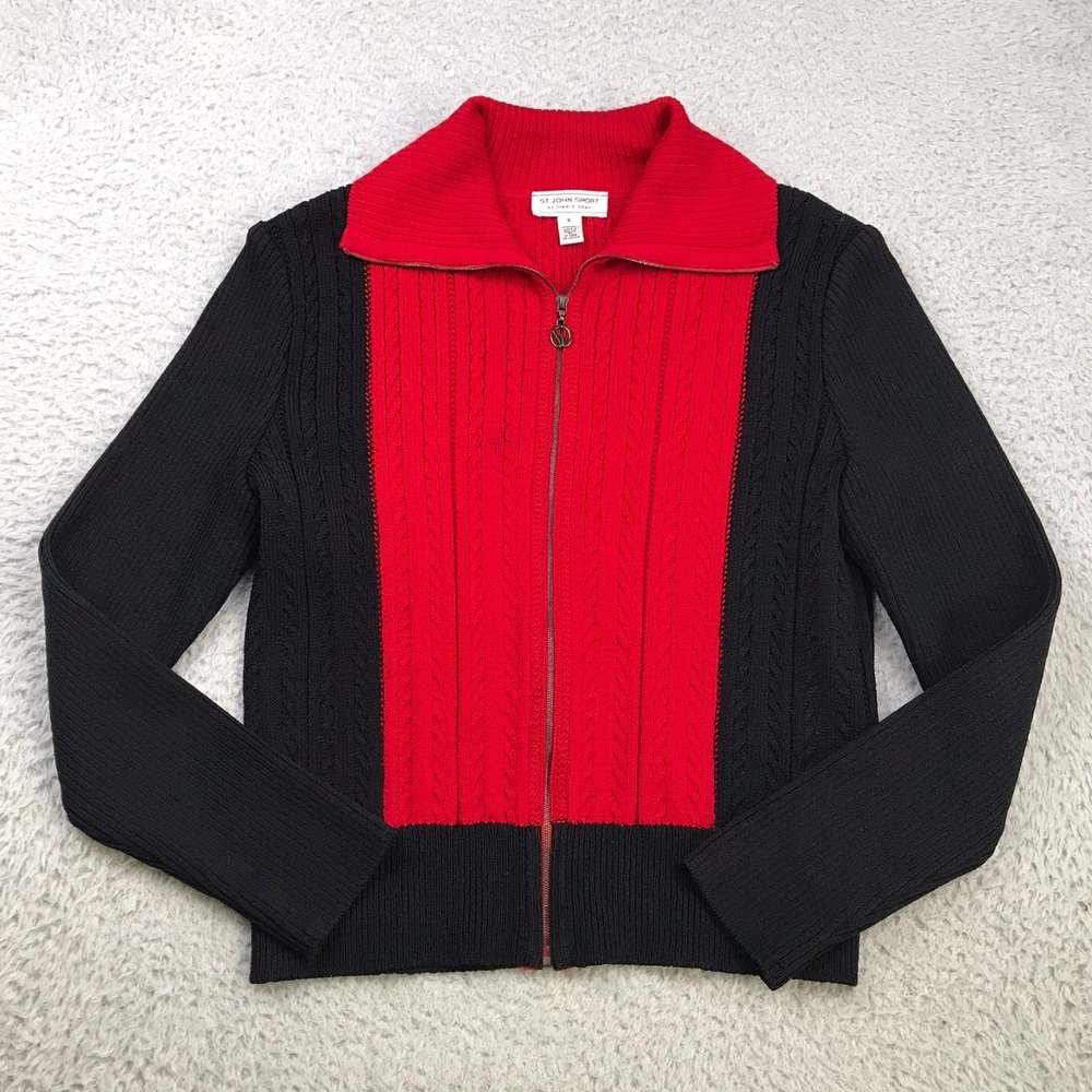St John Sport Sweater Womens S Red/Black Wool Stretch Cable Knit Full Zip Jacket